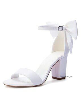 Block Heel Wedding Shoes for Bride Faux Leather Bow Heeled Sandals